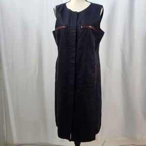 Lafayette 148 New York Black Linen Faux Leather Trim Dress Size 14